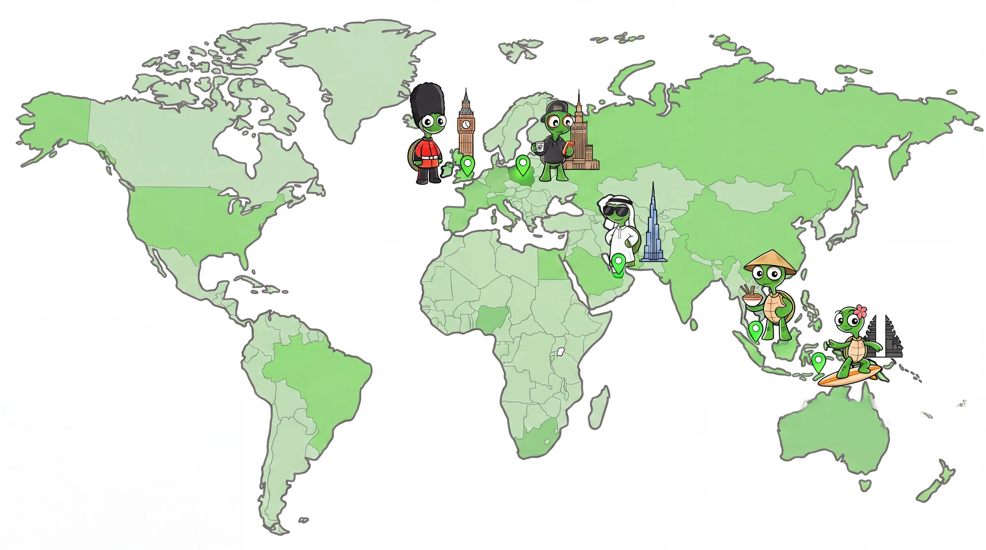 World map showing Crypto Turtles in London, Warsaw, Dubai, Singapore and Bali